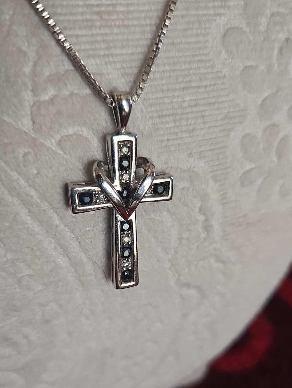 10K White Gold Cross Pendant, channel set Sapphires, Diamonds with 925 Chain